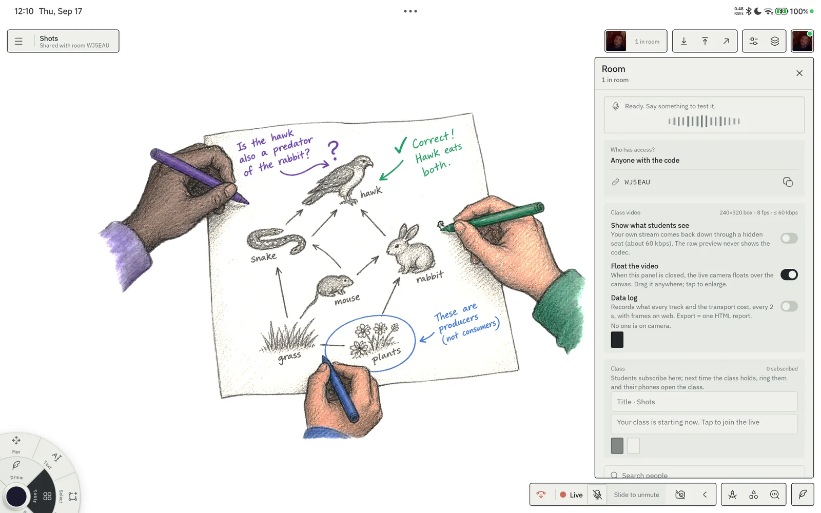 A live room: a teacher's diagram annotated by three students in their own colours, with the Room panel open